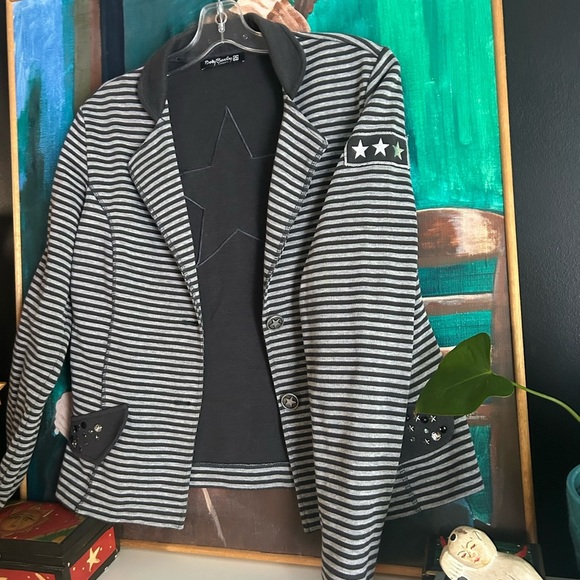 Gray Striped Boho Blazer with Star Detail Size 10 - Picture 9 of 16